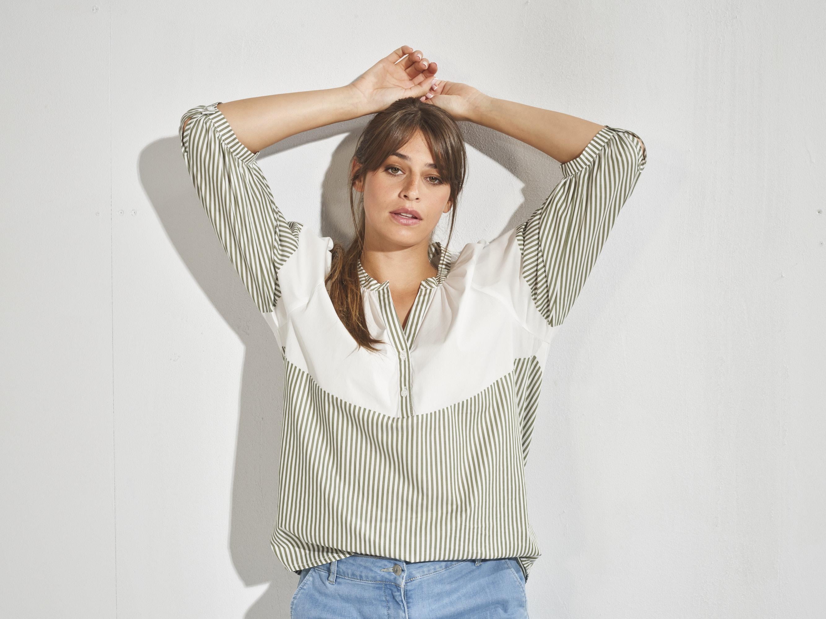 Shirt with puff sleeves - Khaki stripes