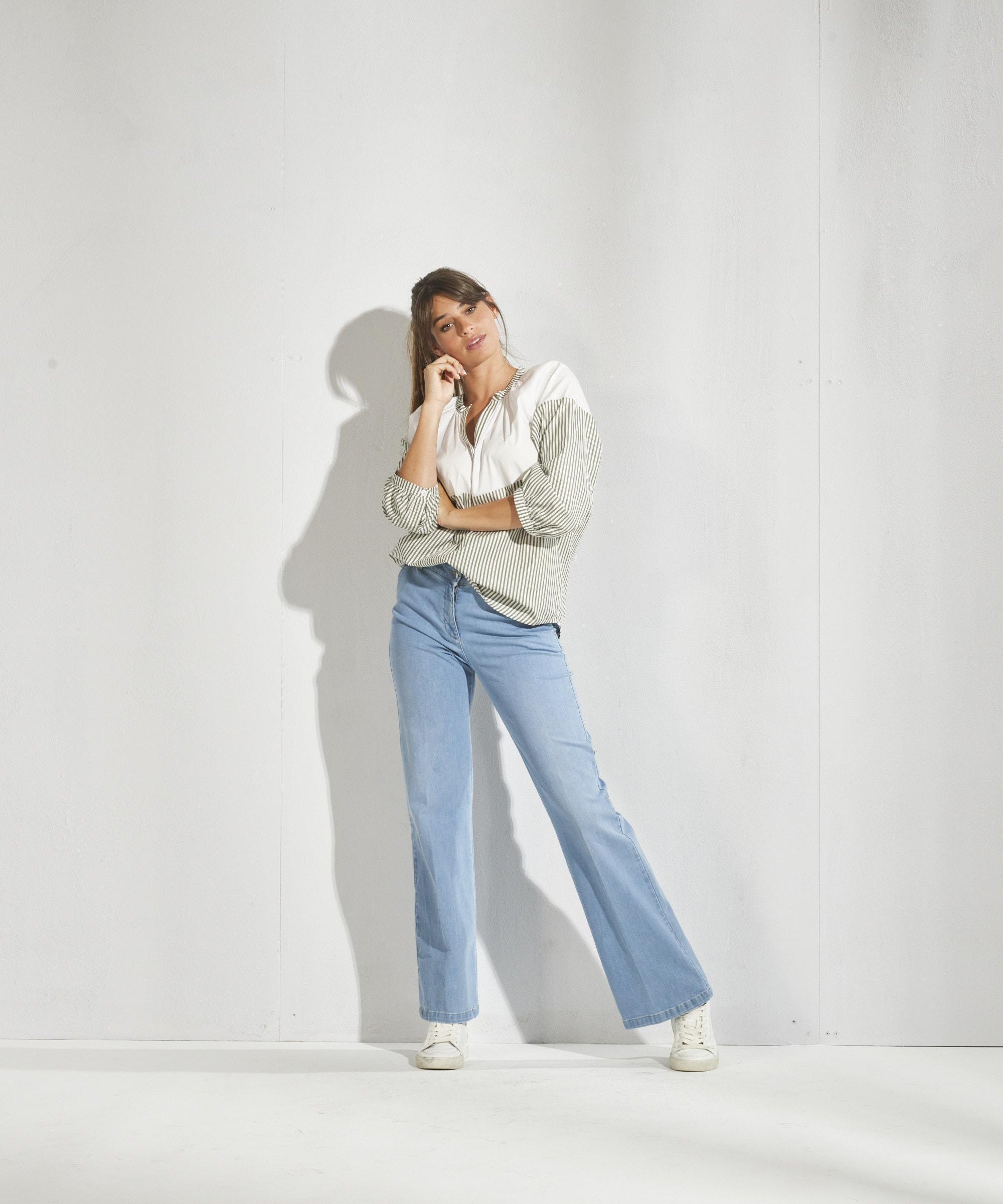 Shirt with puff sleeves - Khaki stripes