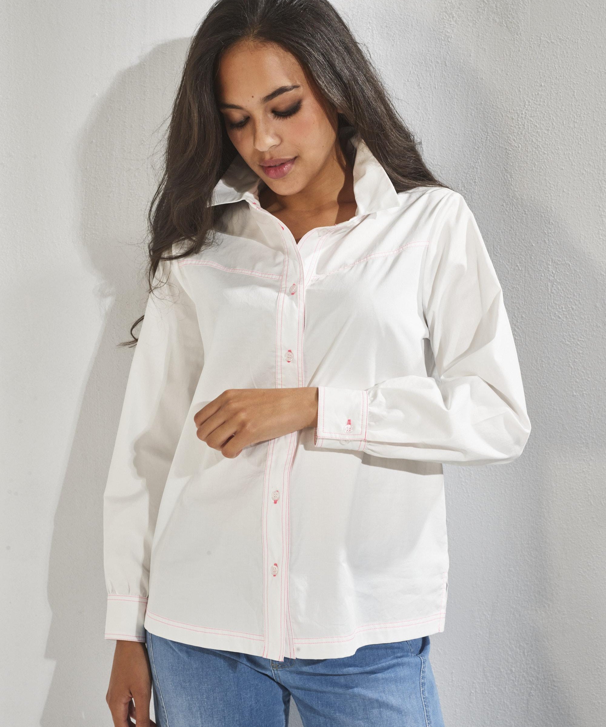 Blouse met gekleurde stikking - Fluo Roze