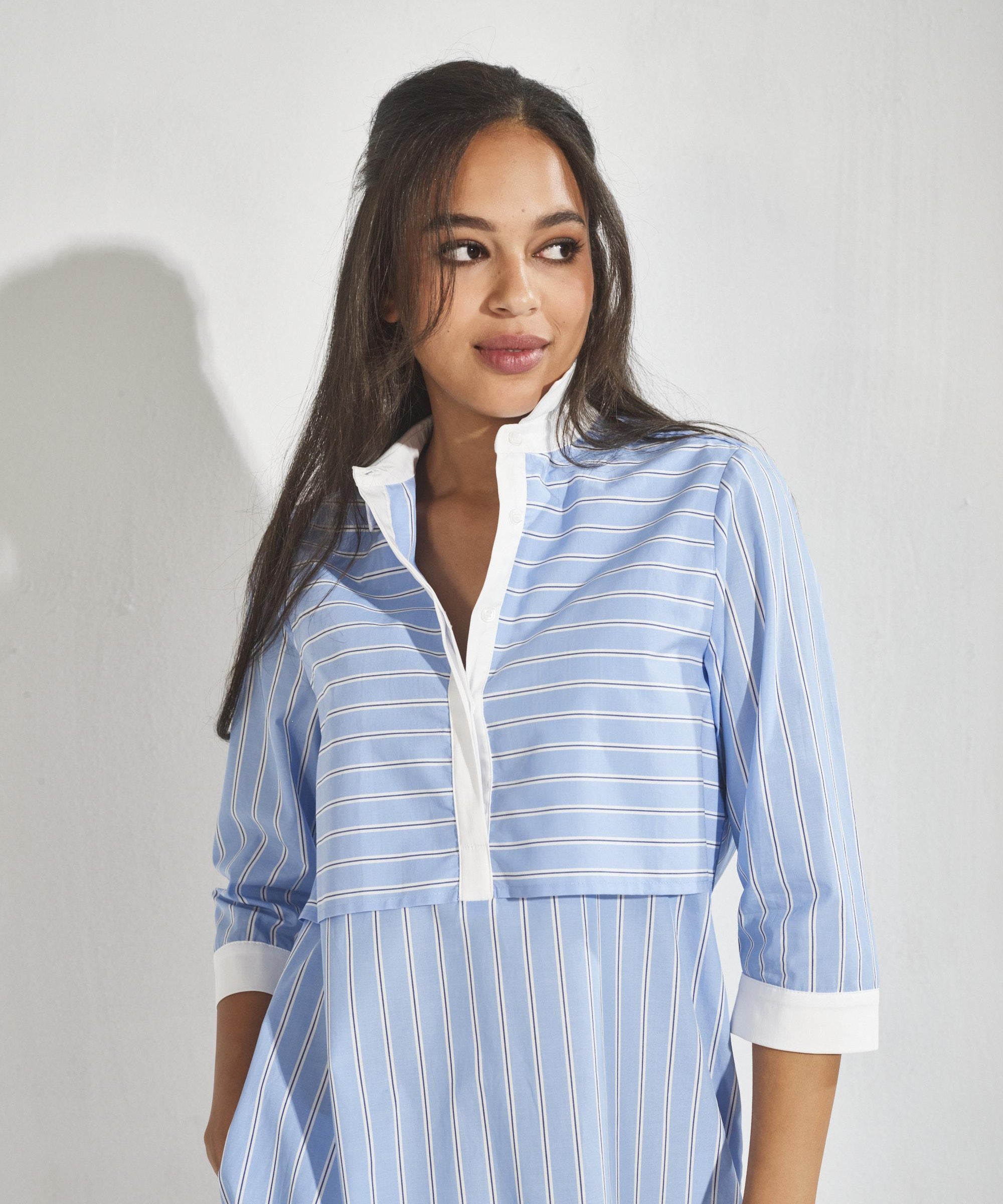 Korte katoenen jurk met strepen - Blauw streep
