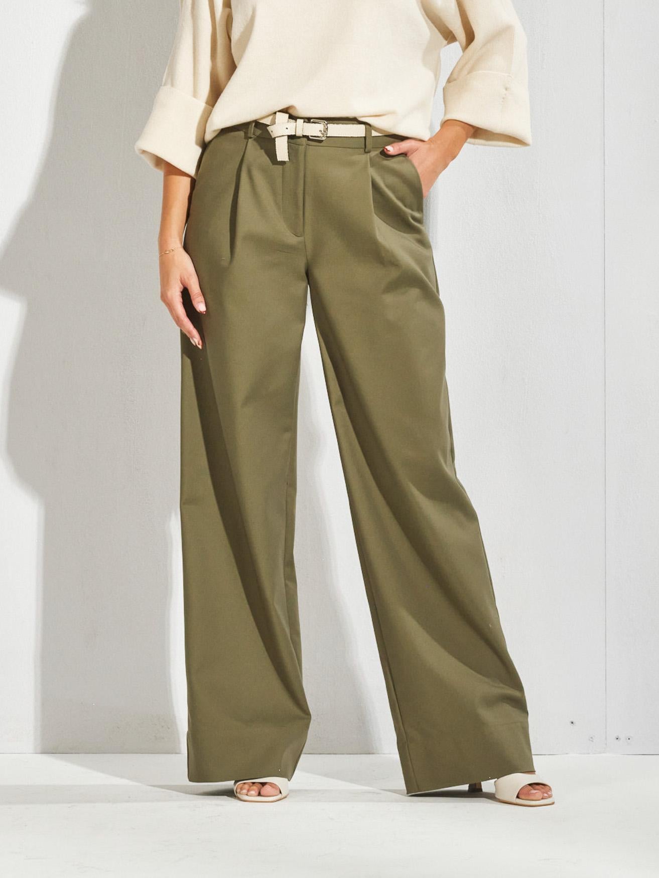 Broek met bandplooien en rekker - Kaki