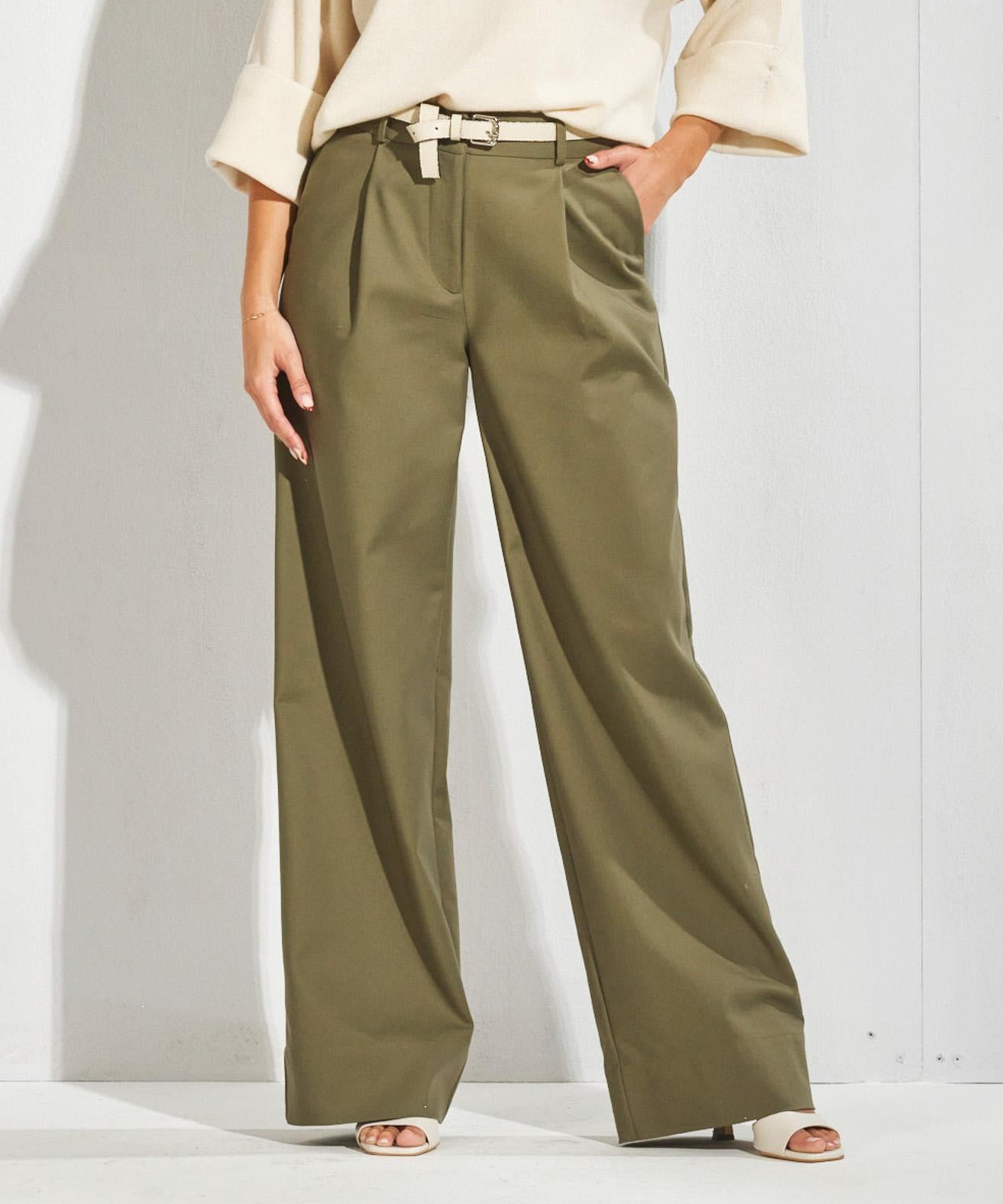 Broek met bandplooien en rekker - Kaki