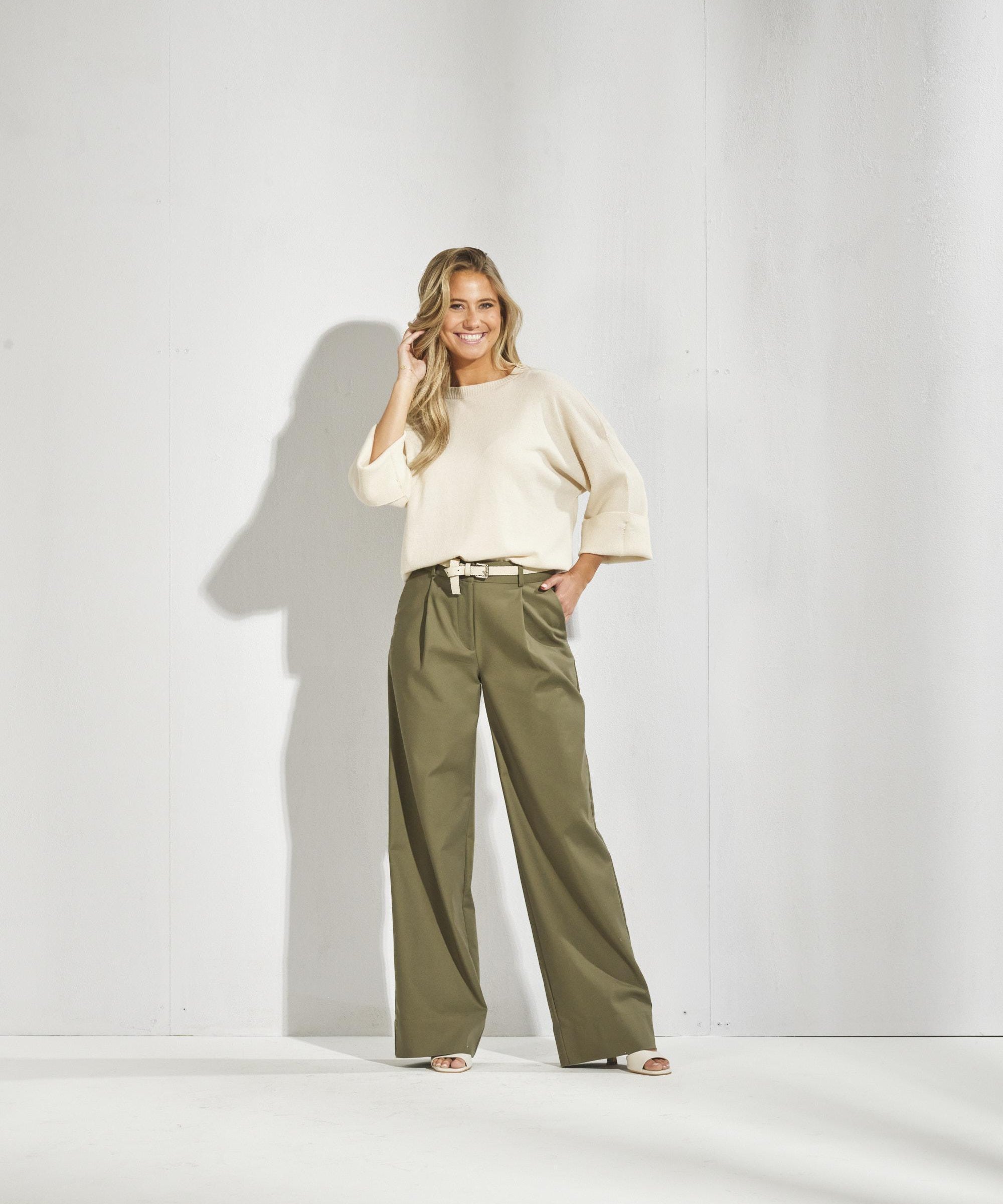 Broek met bandplooien en rekker - Kaki