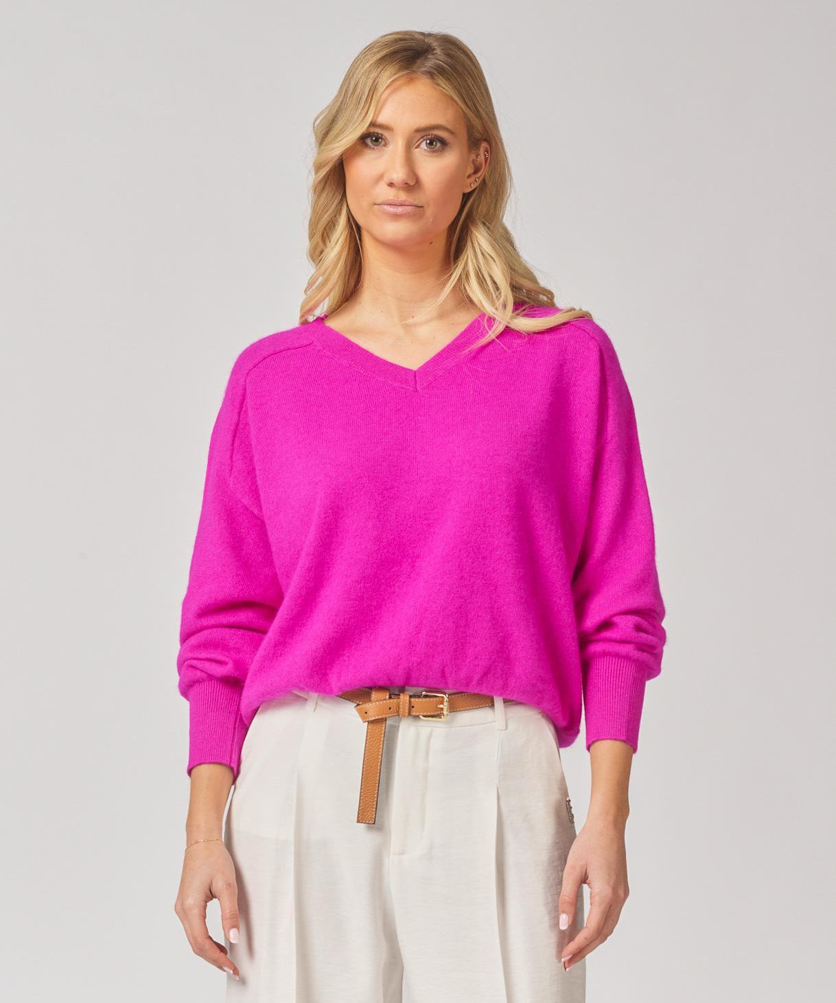Pull met v-hals - Fuxia