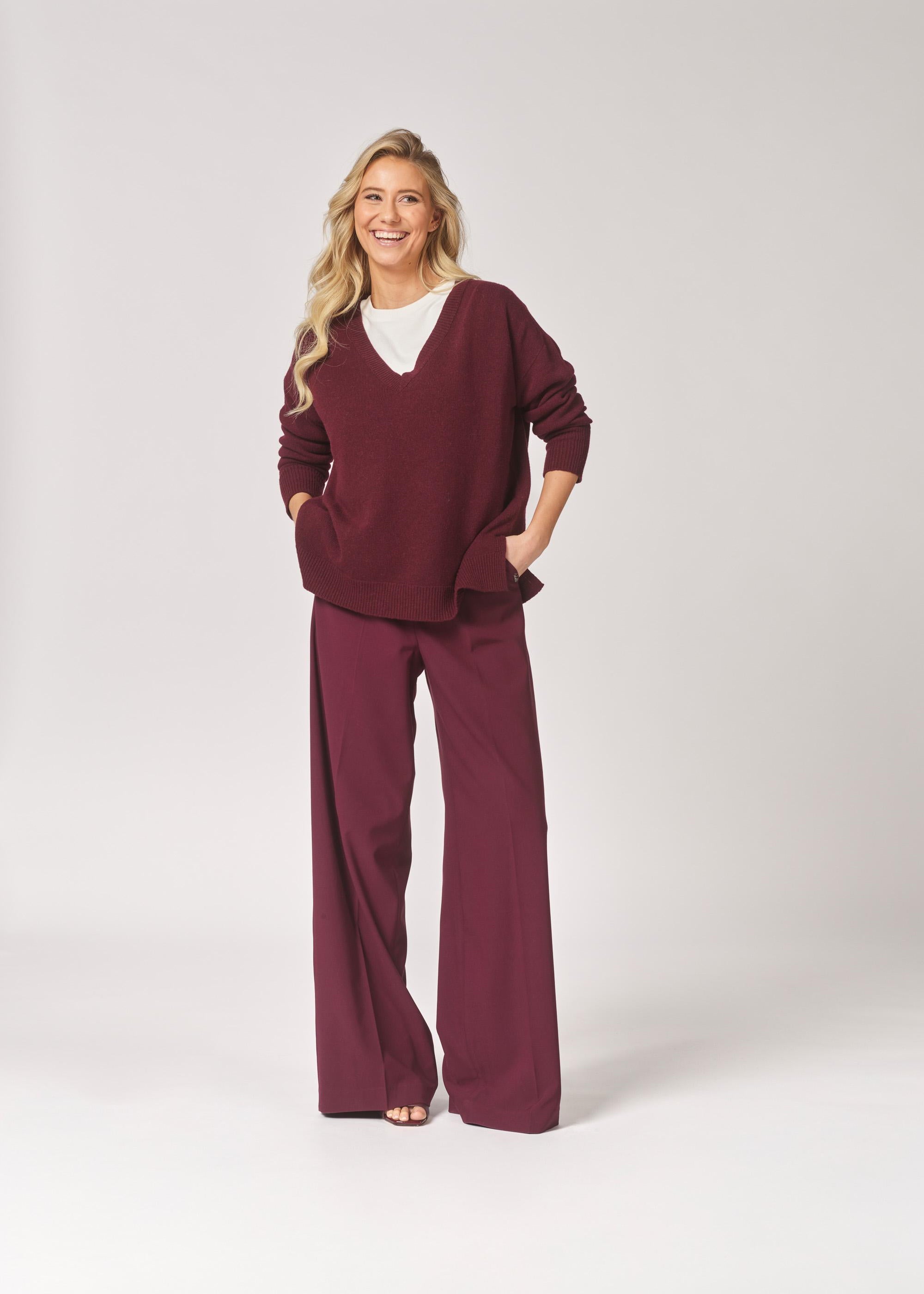 Wijde broek met bandplooi - Burgundy