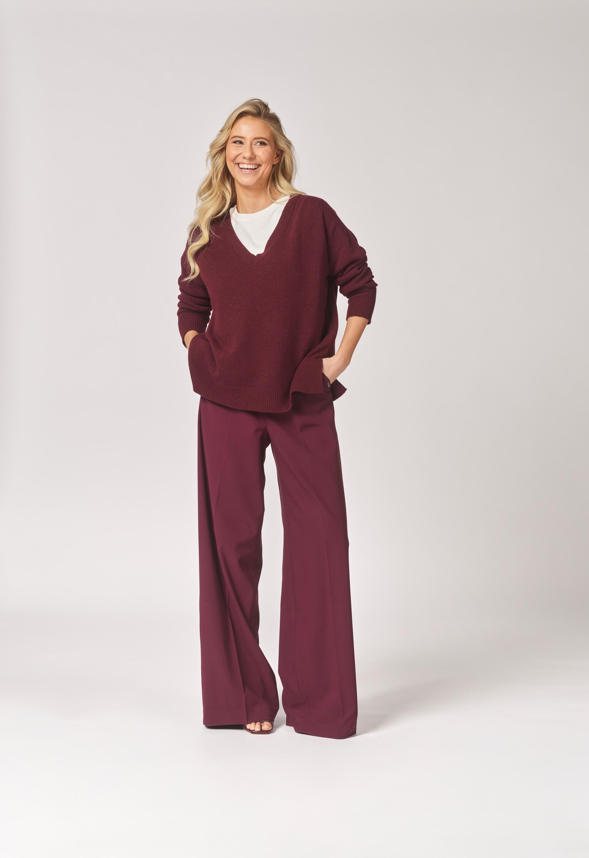 Wijde broek met bandplooi - Burgundy