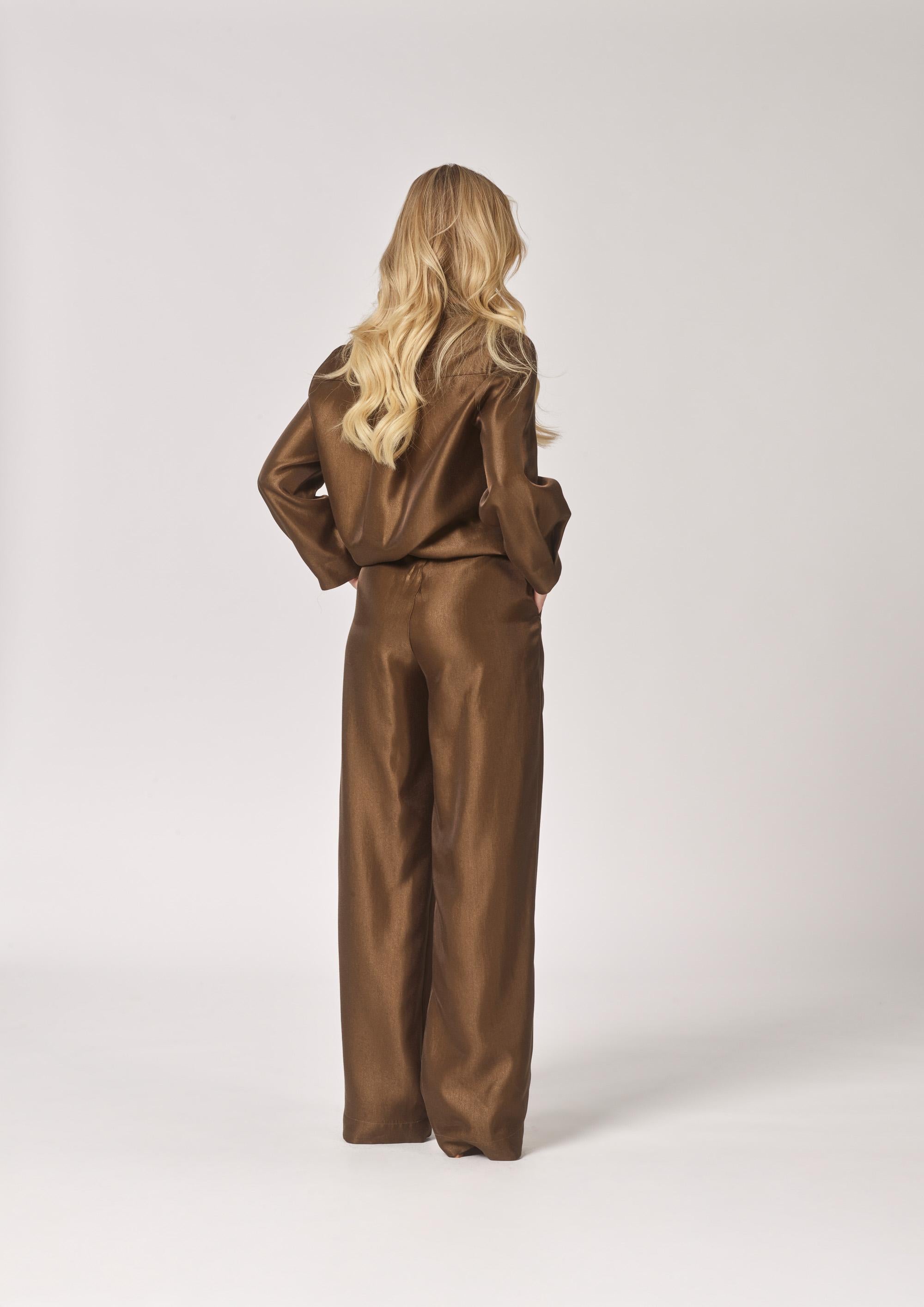 Satijnen broek met bandplooien - Olive