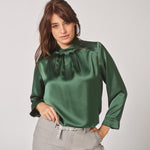 Satijnen blouse met opstaande kraag - Bottlegreen