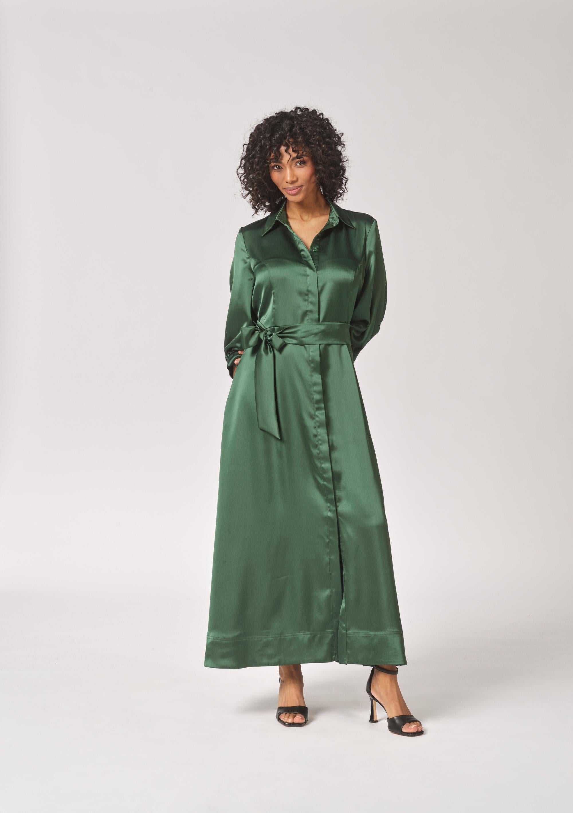 Lange jurk met taillelint - Bottlegreen