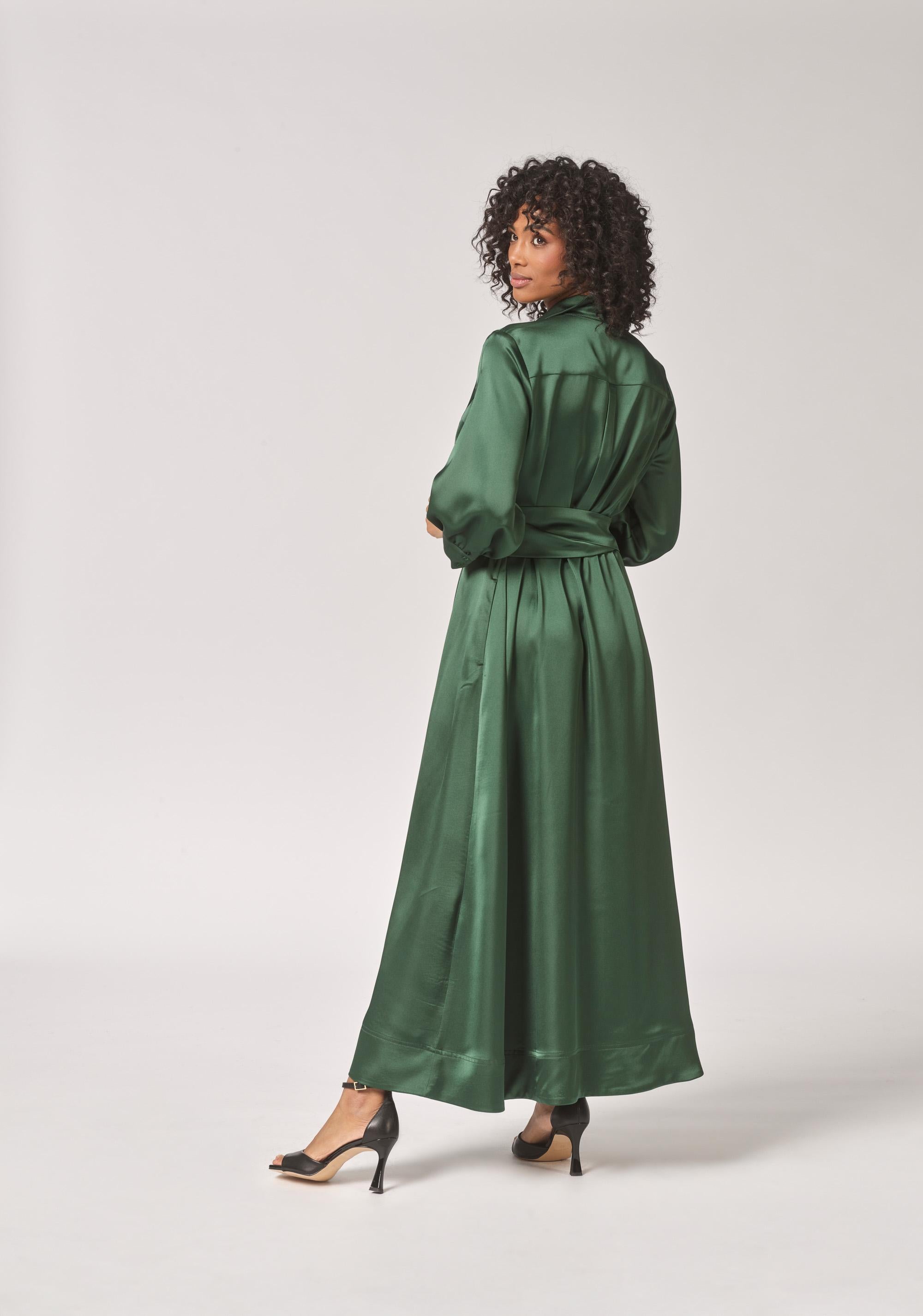 Lange jurk met taillelint - Bottlegreen