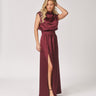 Satijnen avondjurk met split - Burgundy