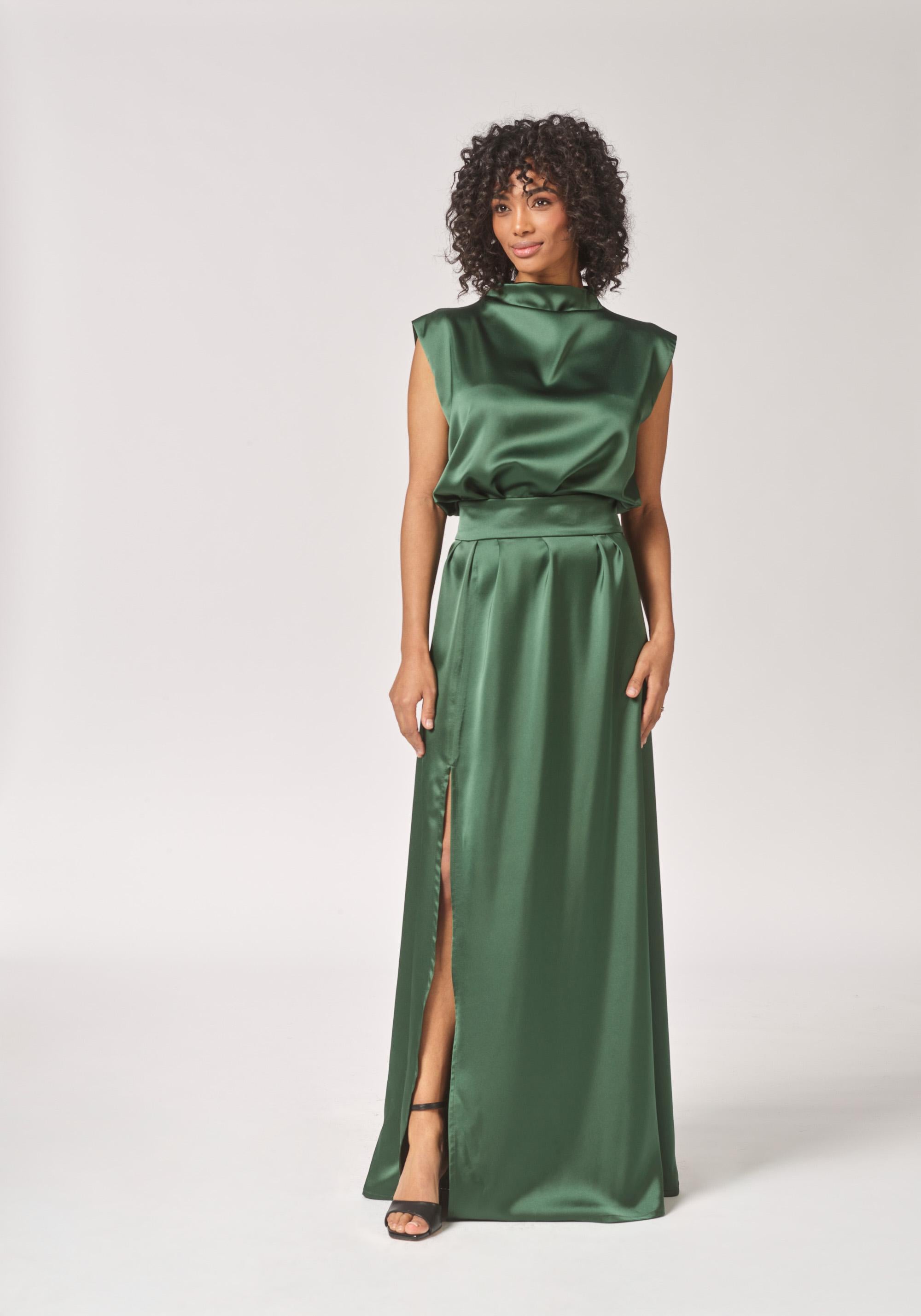 Satijnen avondjurk met split - Bottlegreen