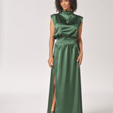 Satijnen avondjurk met split - Bottlegreen
