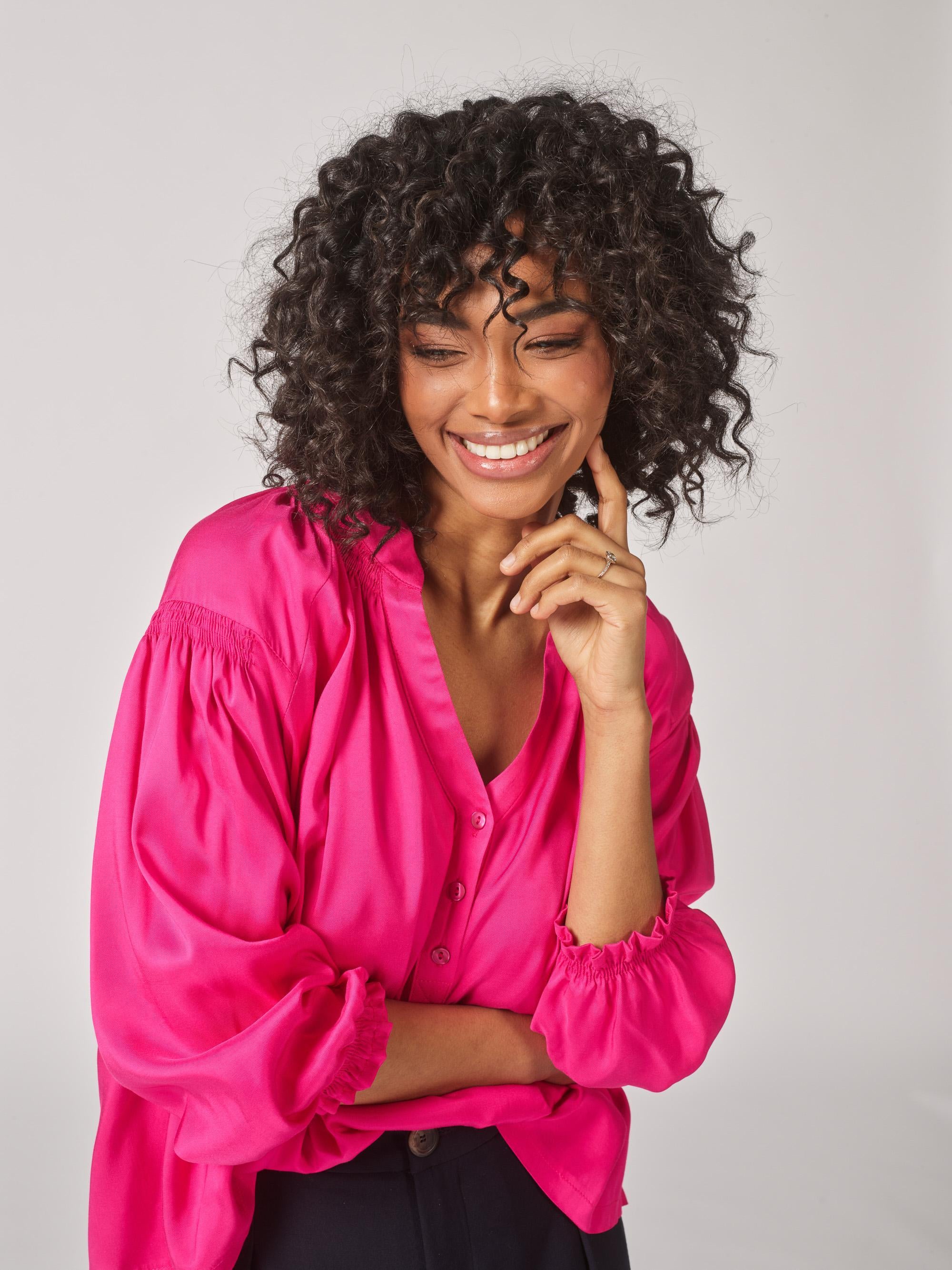 Blouse met frul aan mouw - Fuxia