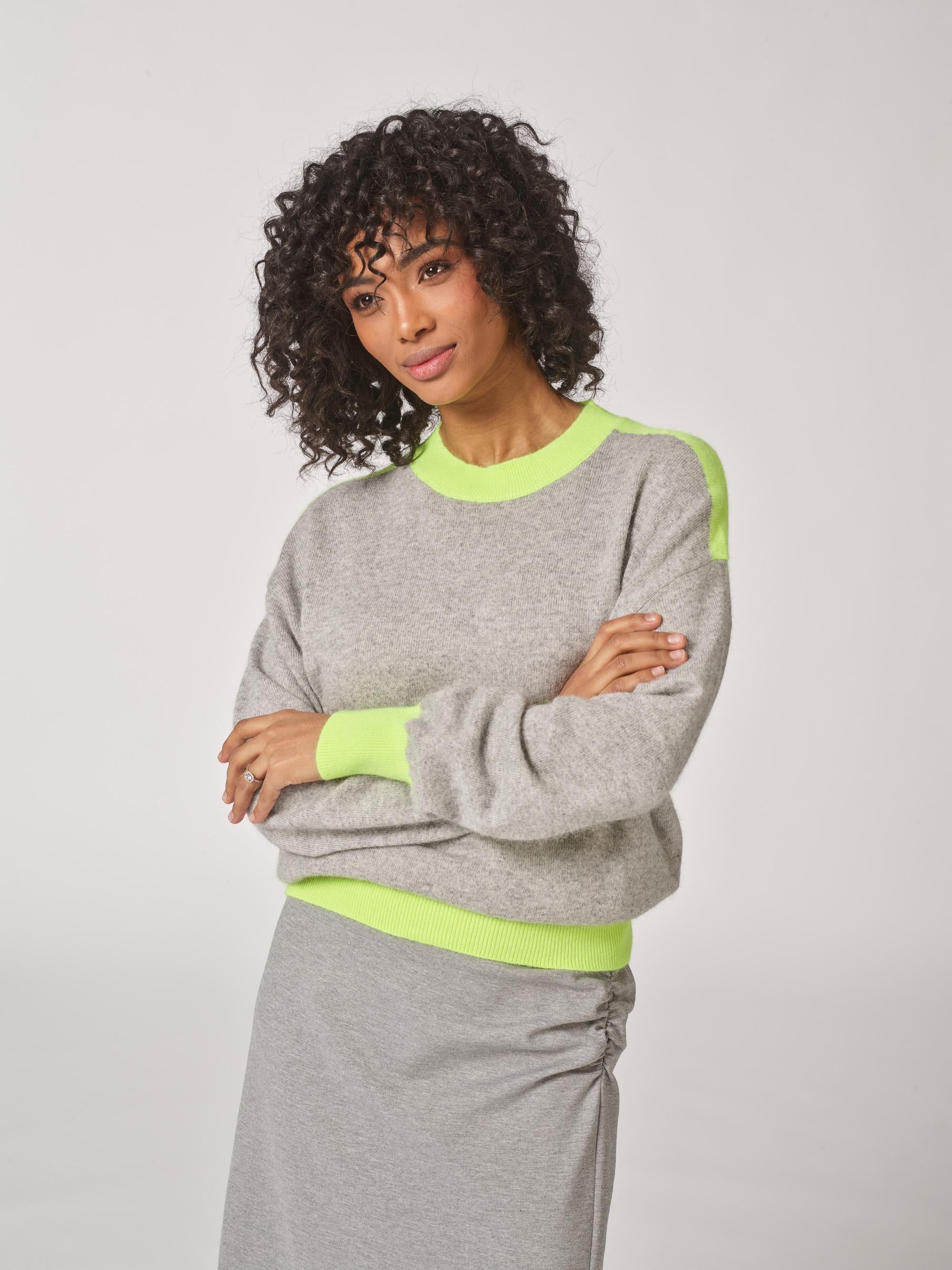 Pull met ronde hals en kleurdetail - Grey / Fluo Yellow