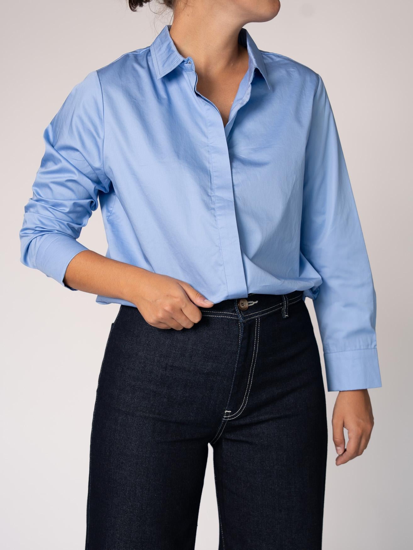 Katoenen blouse met knoopsluiting - Light Blue