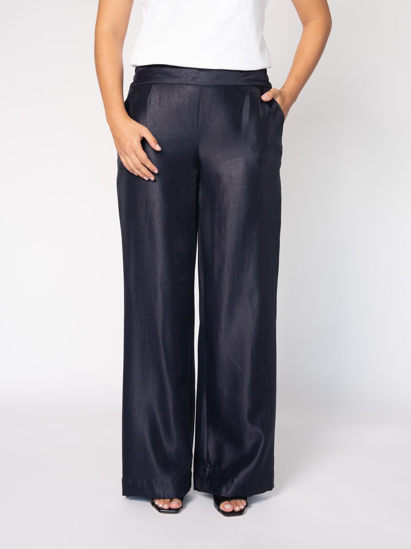Wijde broek in satijn - Navy