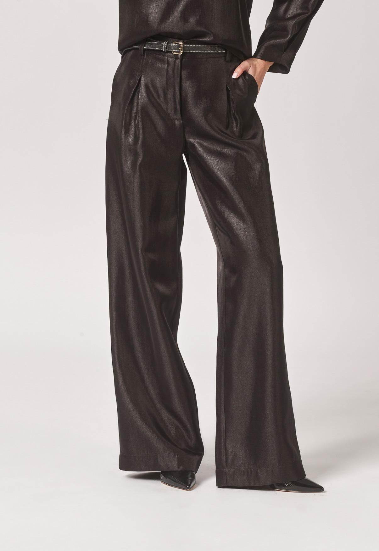 Satijnen broek met bandplooien - Black