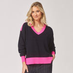 v-hals pull met kleurdetail - Marine / Pink