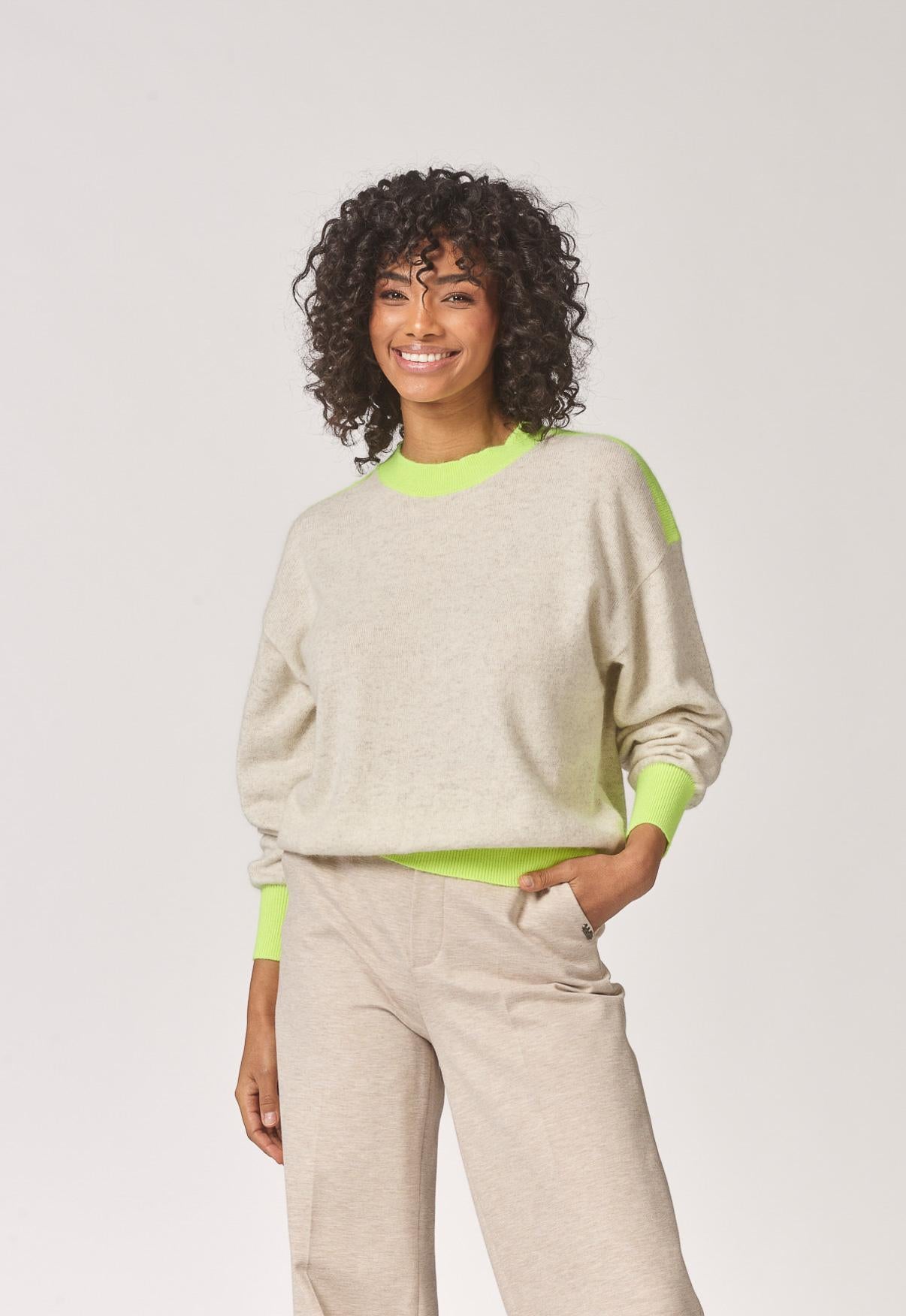 Pull met ronde hals en kleurdetail - Beige / Fluo Yellow
