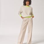 Pull met ronde hals en kleurdetail - Beige / Fluo Yellow