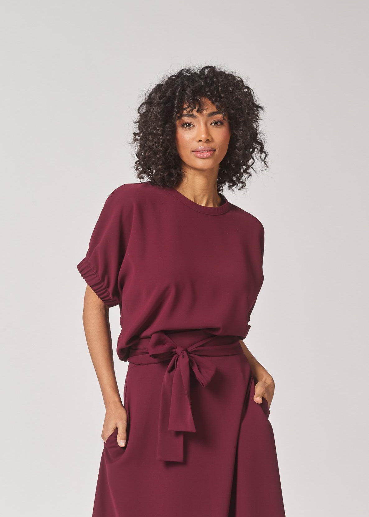 Blouse met elastische mouwdetail - Burgundy