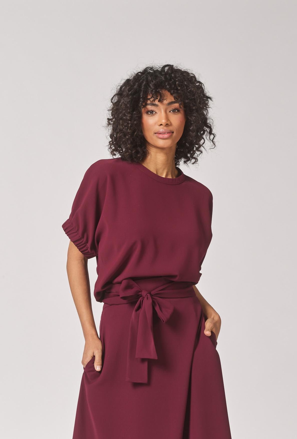 Blouse met elastische mouwdetail - Burgundy