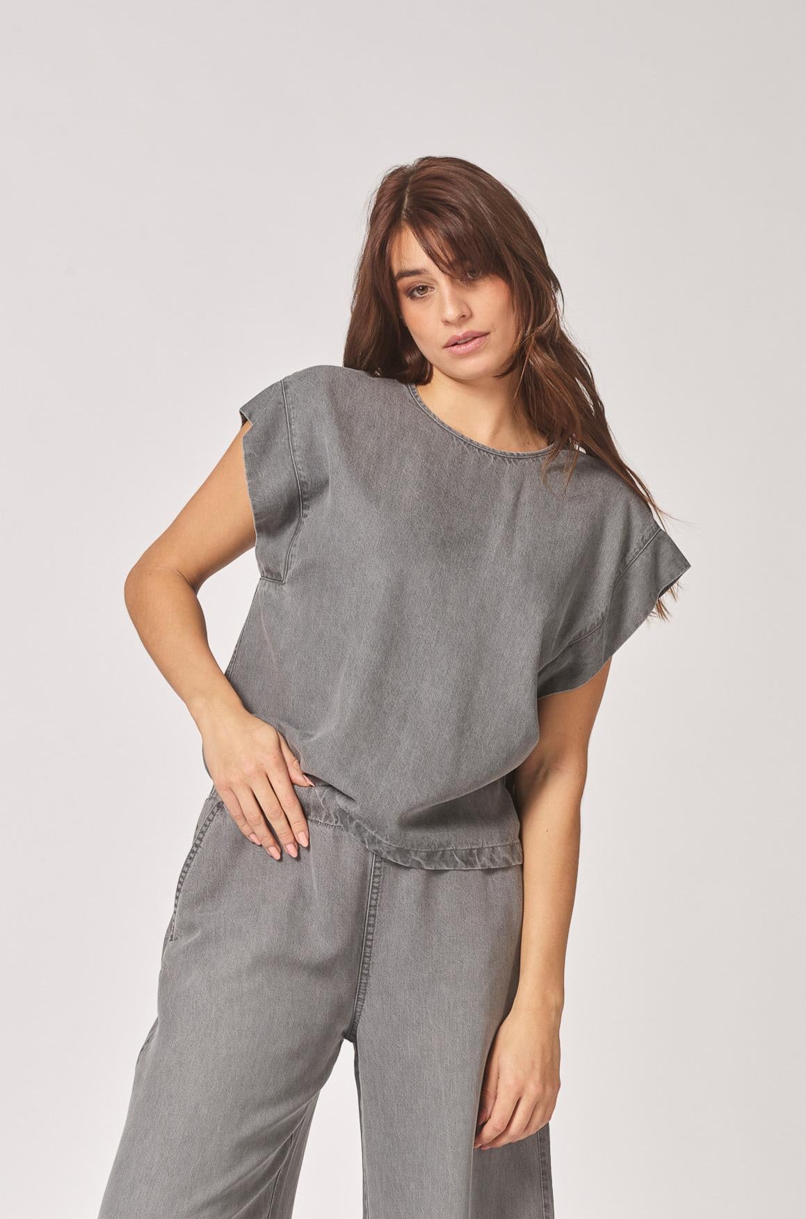 Soepelvallende blouse met korte mouwen - Light Grey