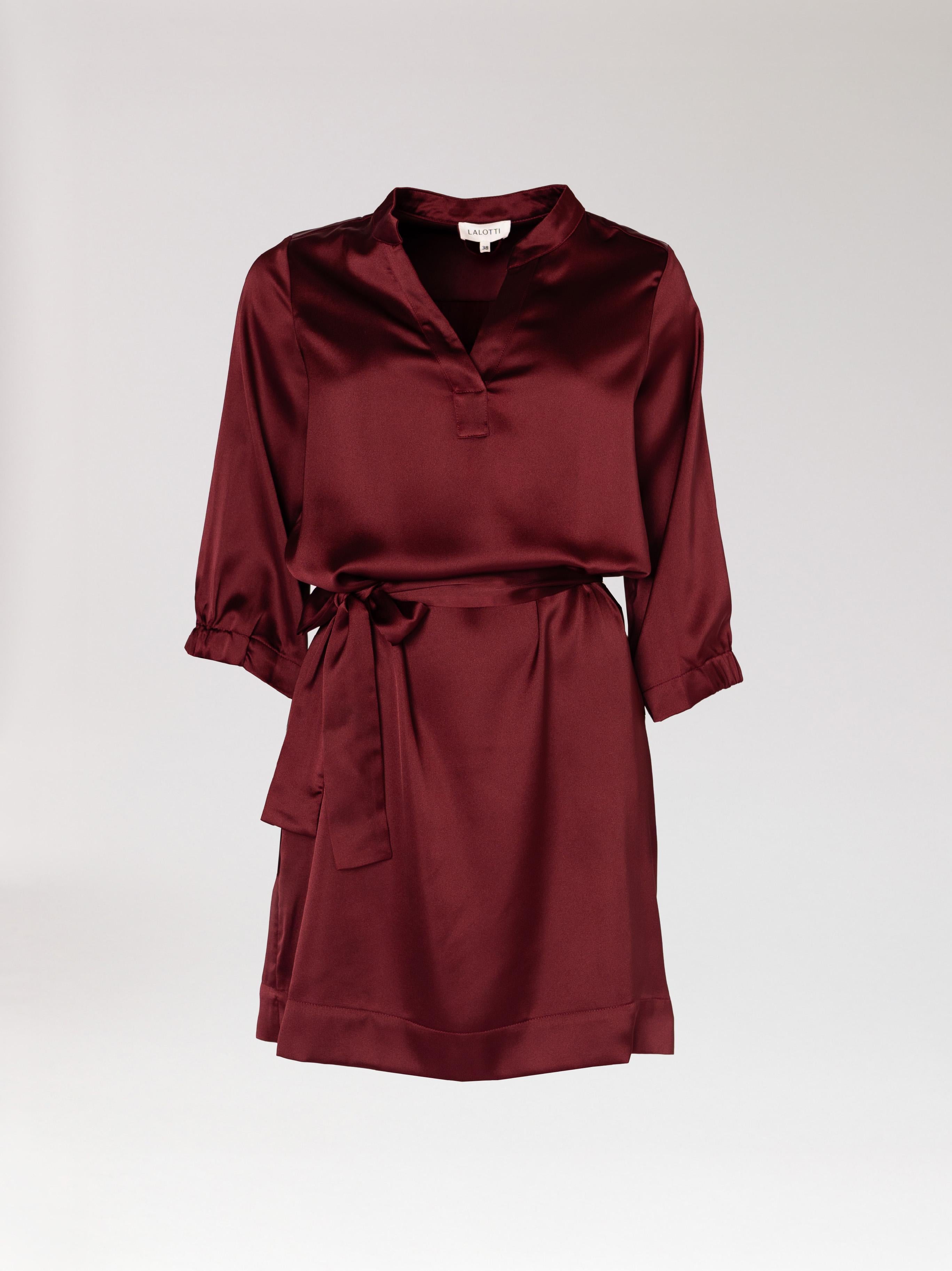 Satijnen jurk met v-hals - Burgundy