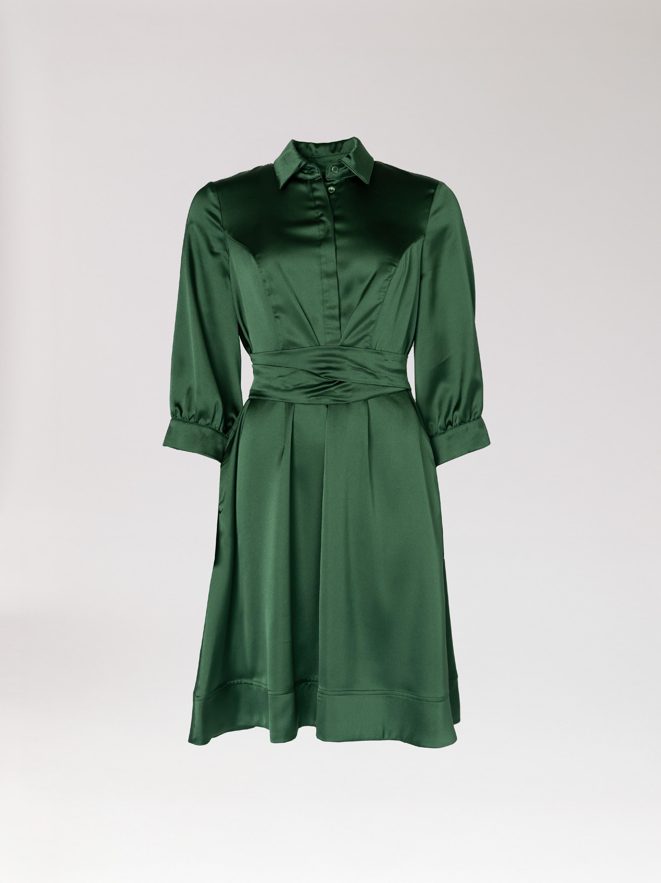 Satijnen jurk met taillelint - Bottlegreen