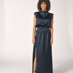 Satijnen avondjurk met split - Navy