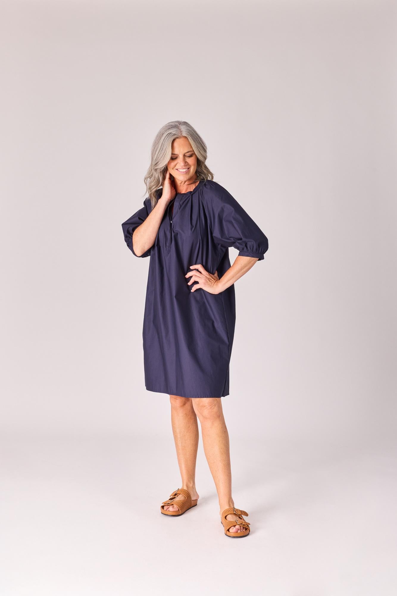 Jurk uit katoen met v-hals - Navy