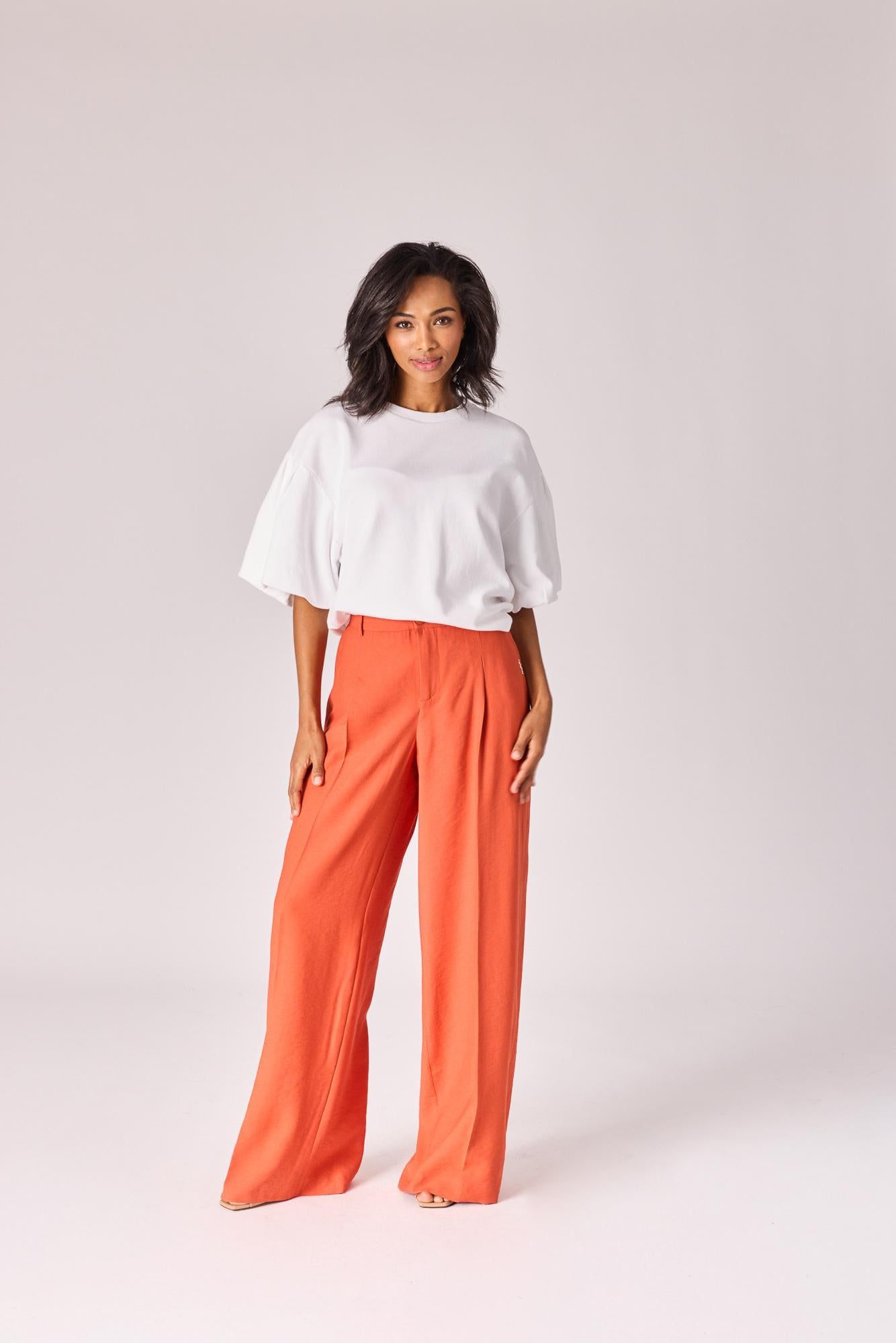 Wijde broek met bandplooi - Burnt Orange