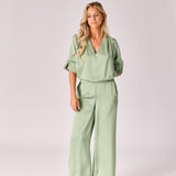 Blouse met v-hals in satijn - Sage green