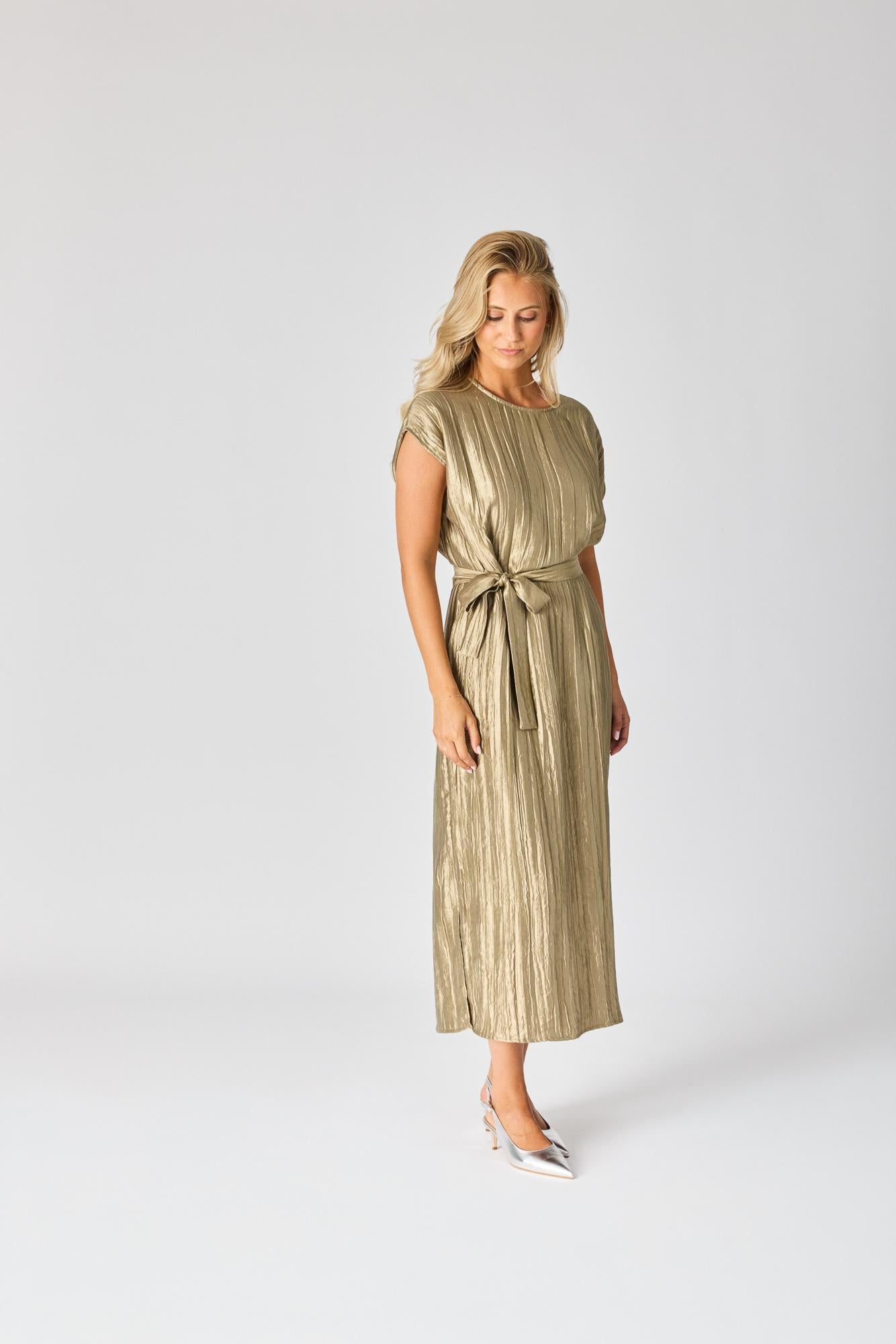 Lange jurk in frippé stof - Pistache