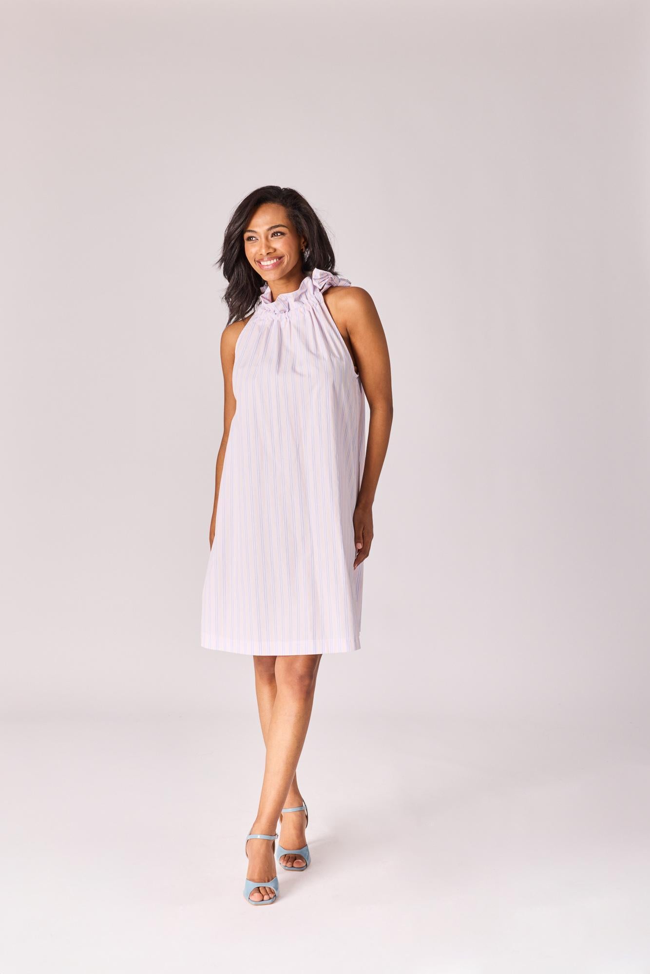 Mini-jurkt met halternek - Lavender pink stripe