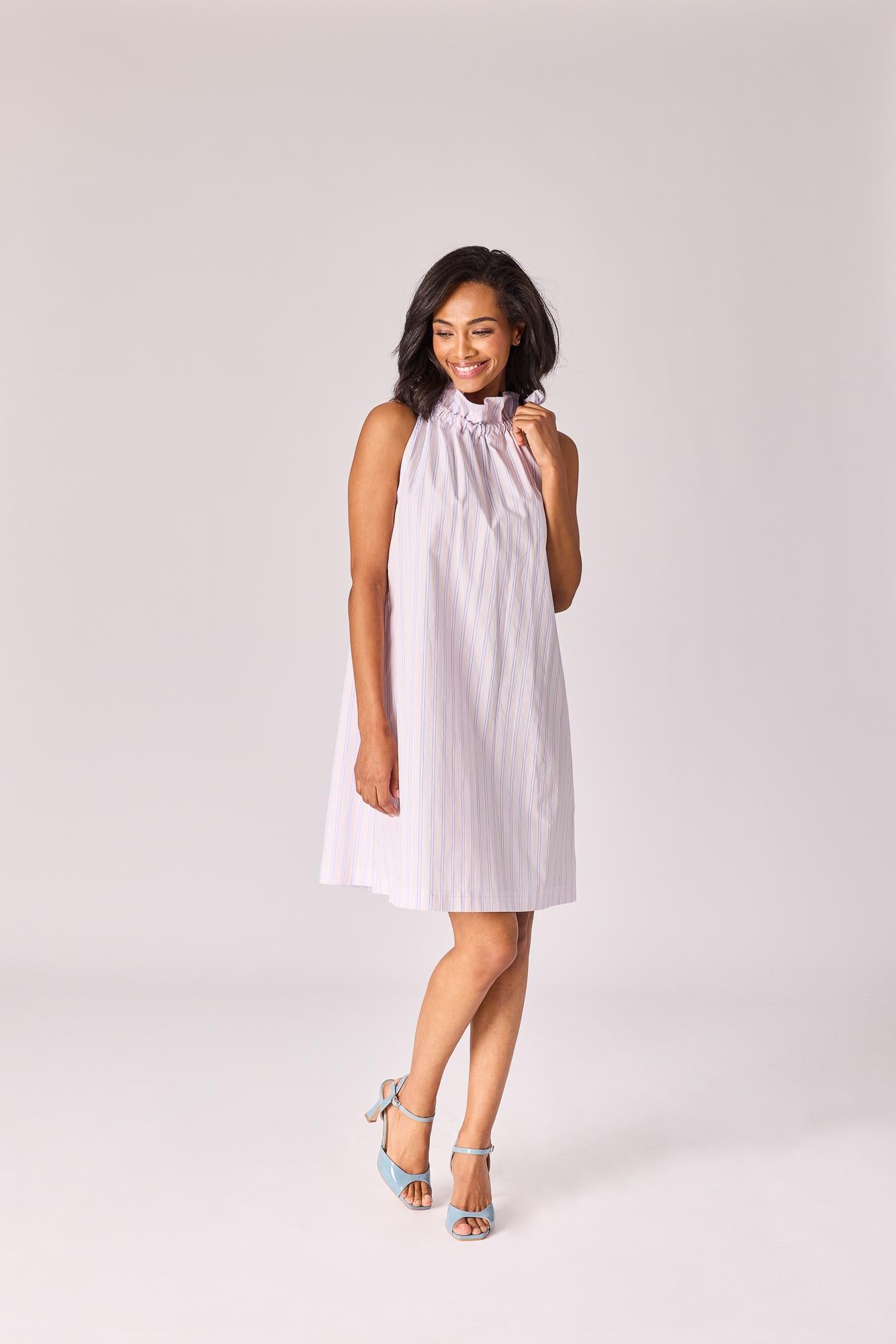 Mini-jurkt met halternek - Lavender pink stripe