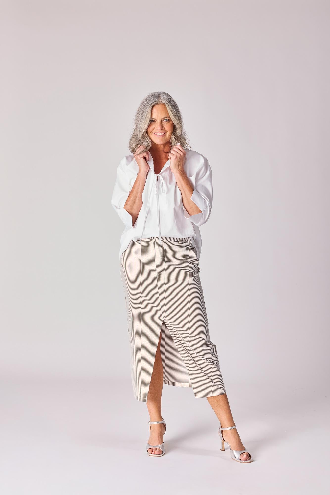 Rok in stretchstof - Taupe stripe