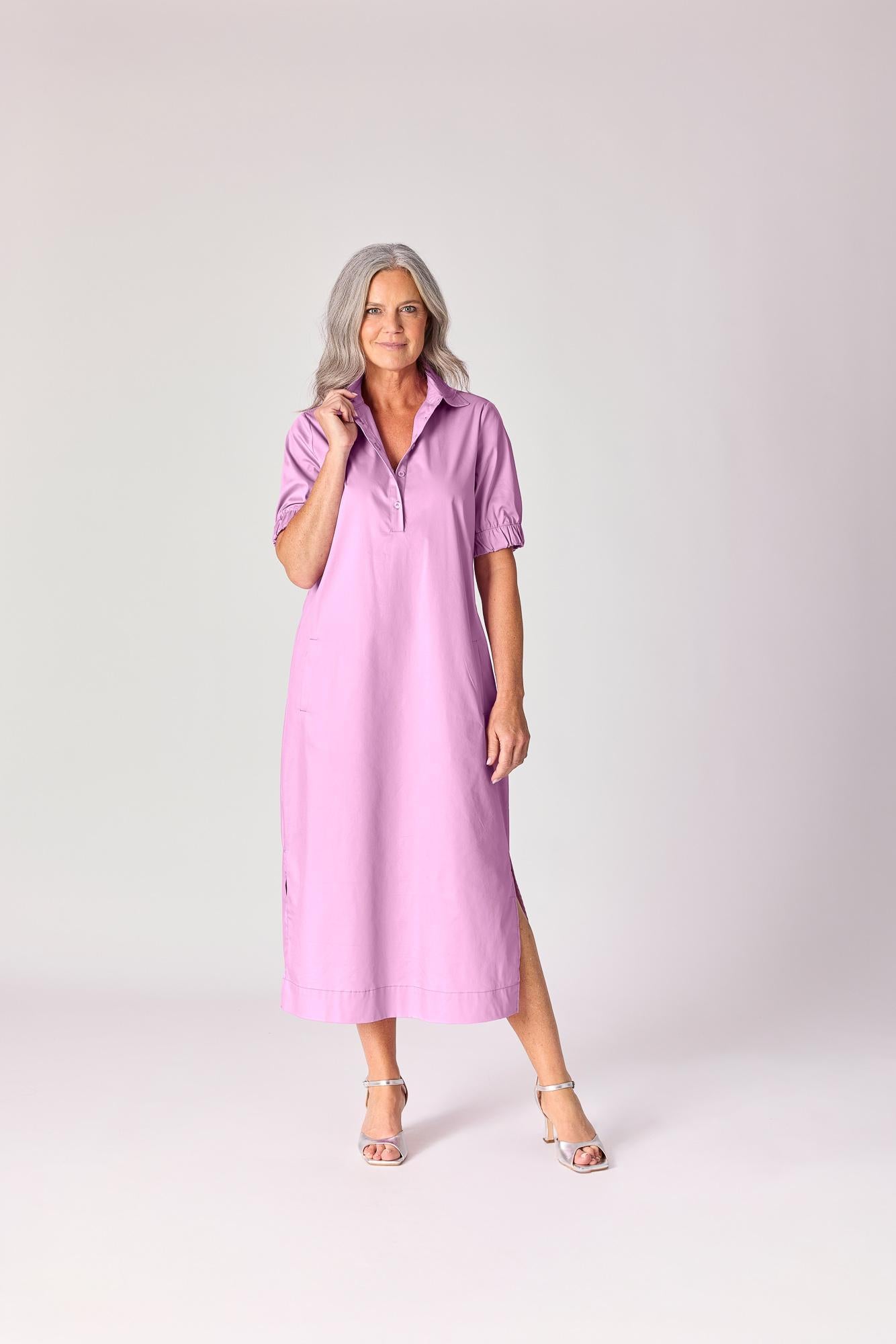 Lange jurk met smok - Lavender pink