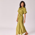 Lange linnen jurk met tailleriem - Olive