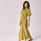 Lange linnen jurk met tailleriem - Olive