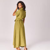 Lange linnen jurk met tailleriem - Olive