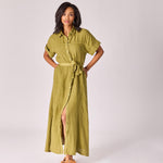 Lange linnen jurk met tailleriem - Olive