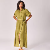 Lange linnen jurk met tailleriem - Olive