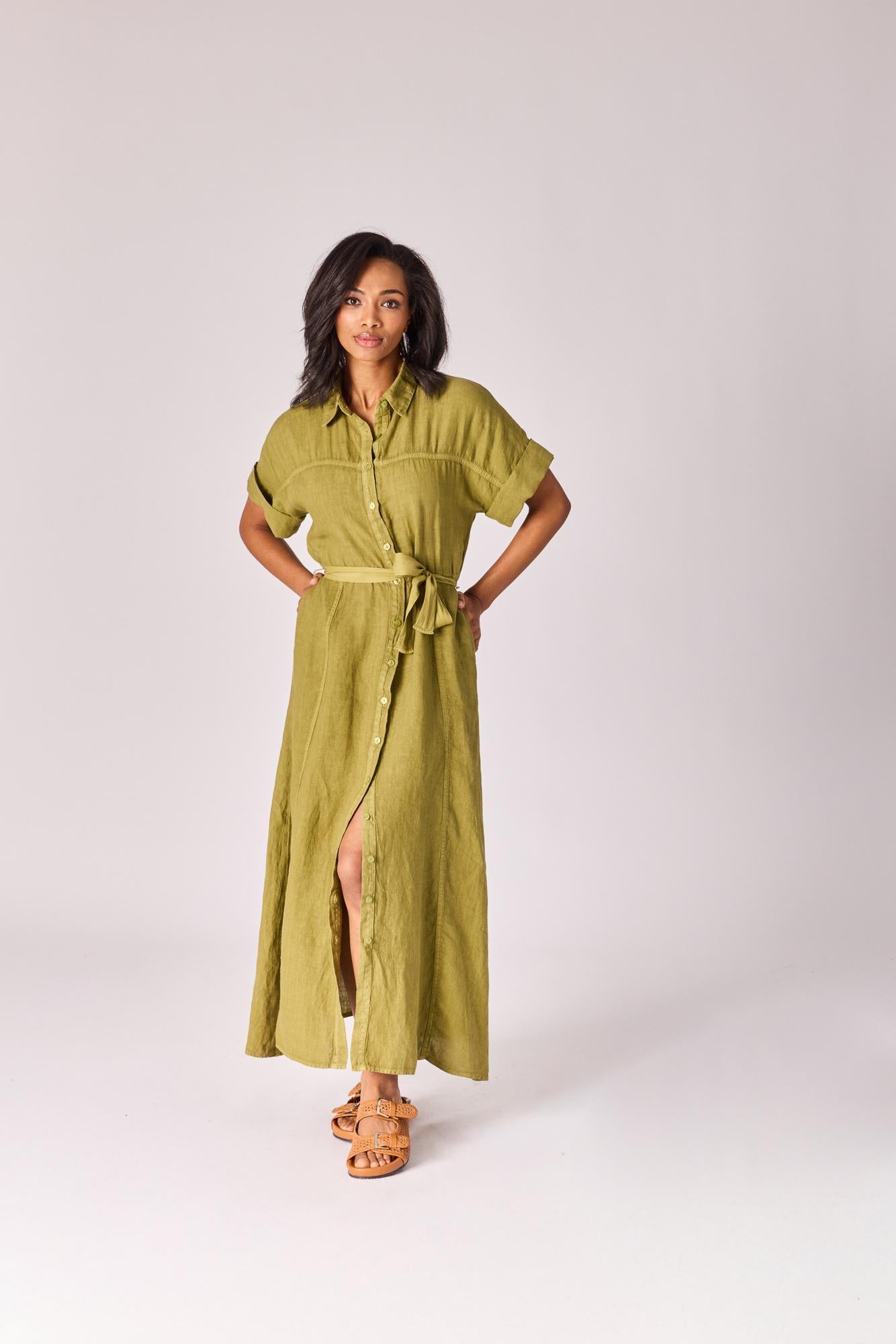 Lange linnen jurk met tailleriem - Olive