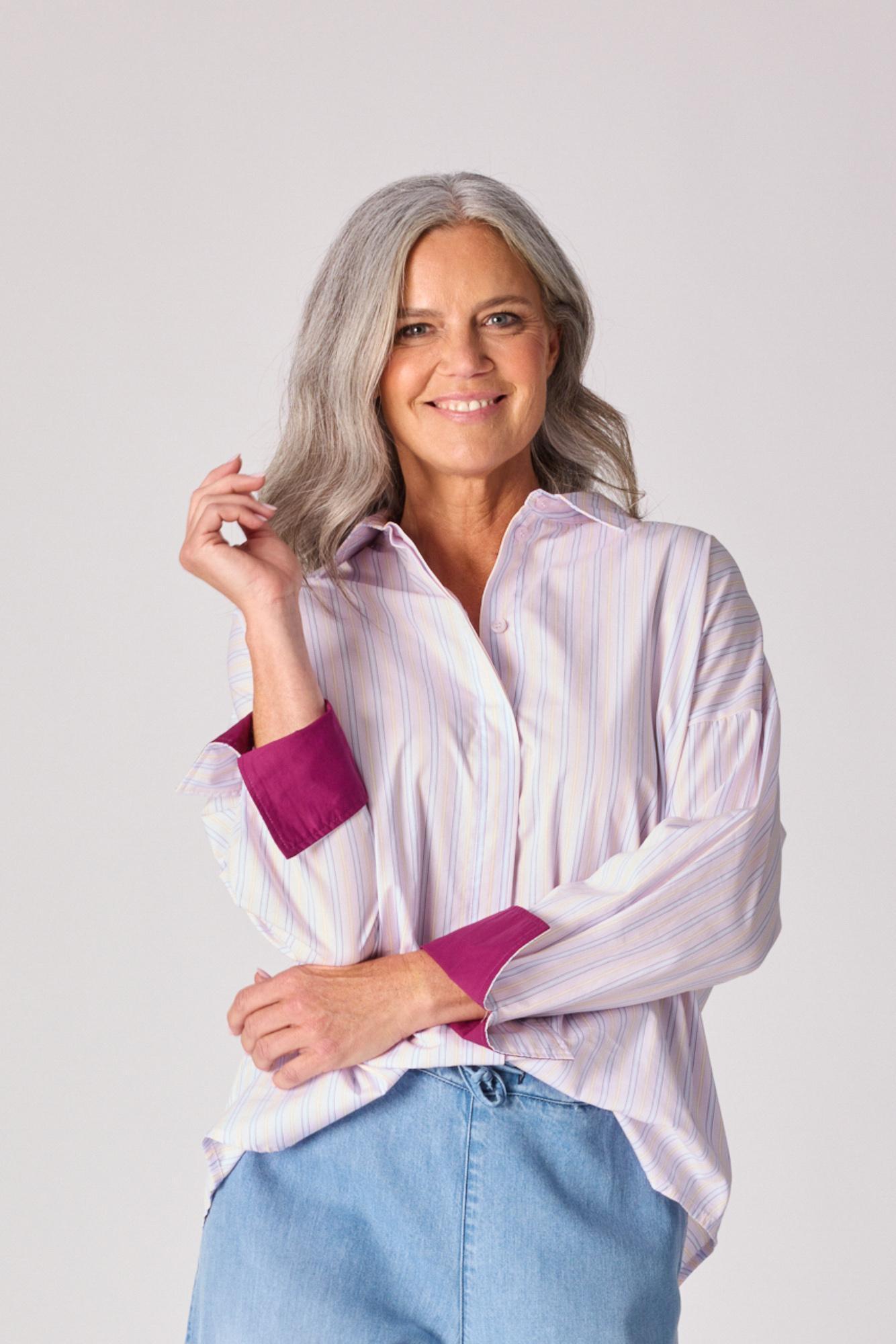 Katoenen overhemd met manchette detail - Lavender pink stripe