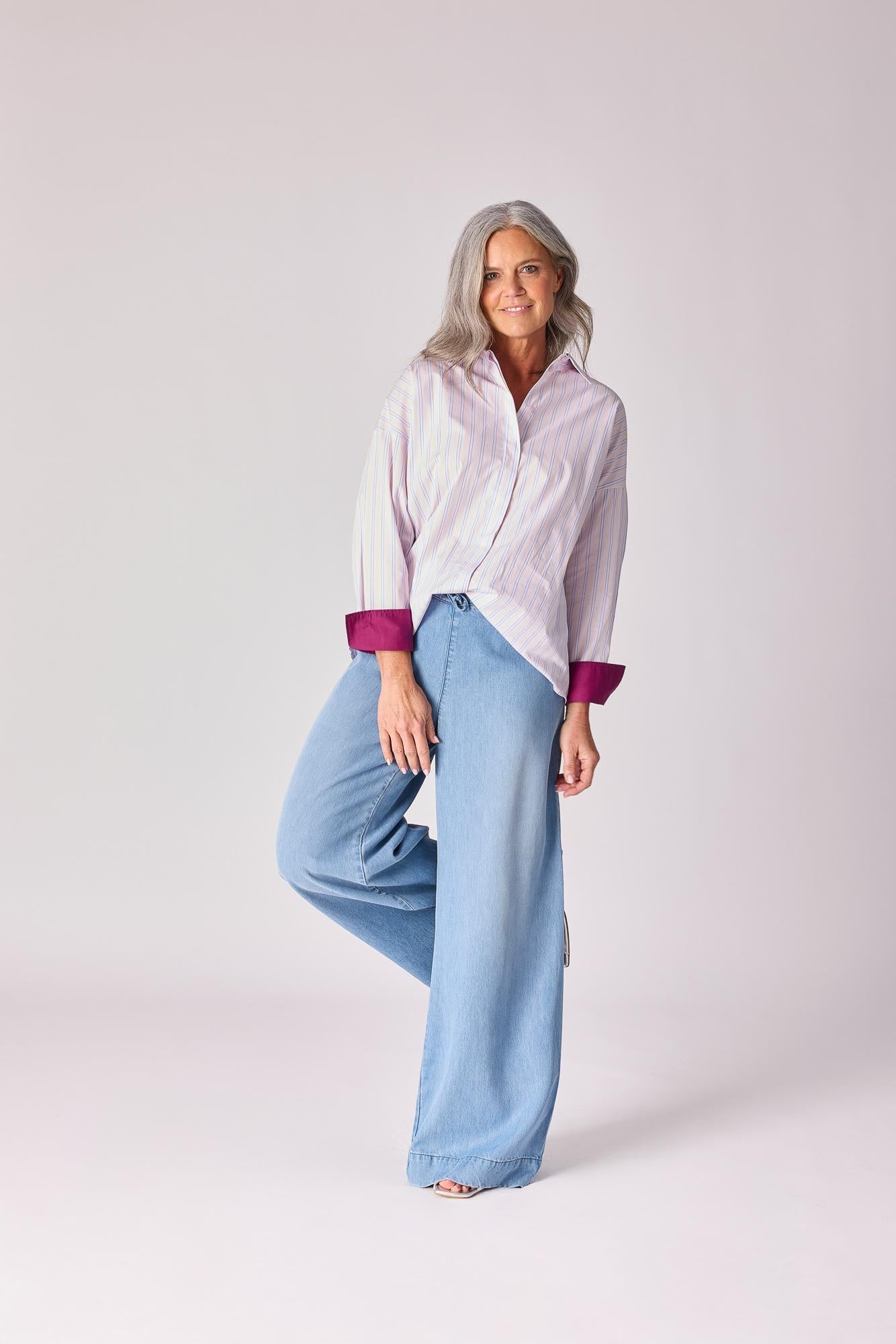 Katoenen overhemd met manchette detail - Lavender pink stripe