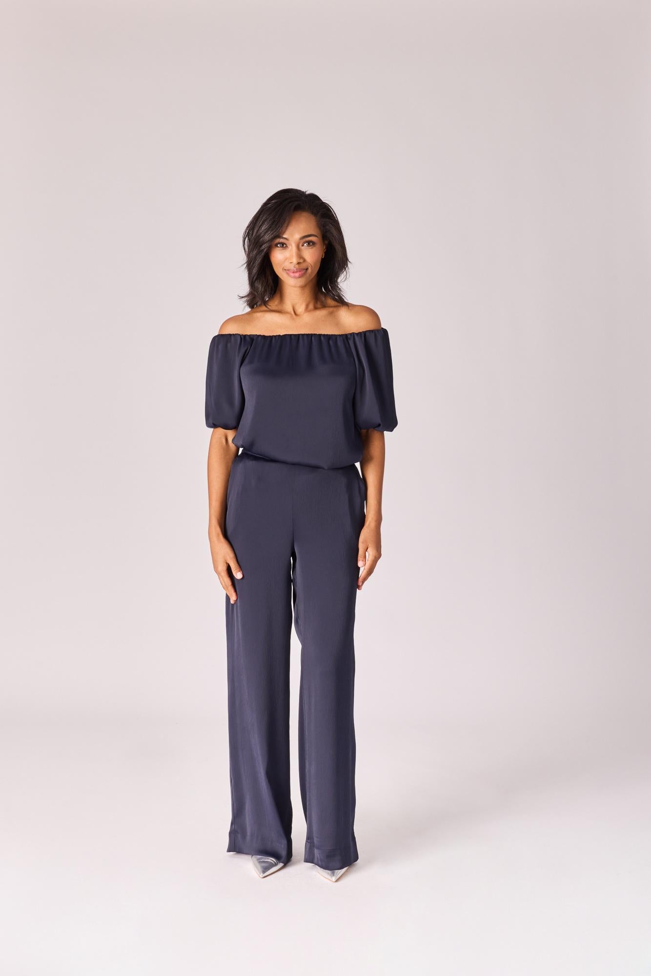 Wijde broek in satijn - Navy