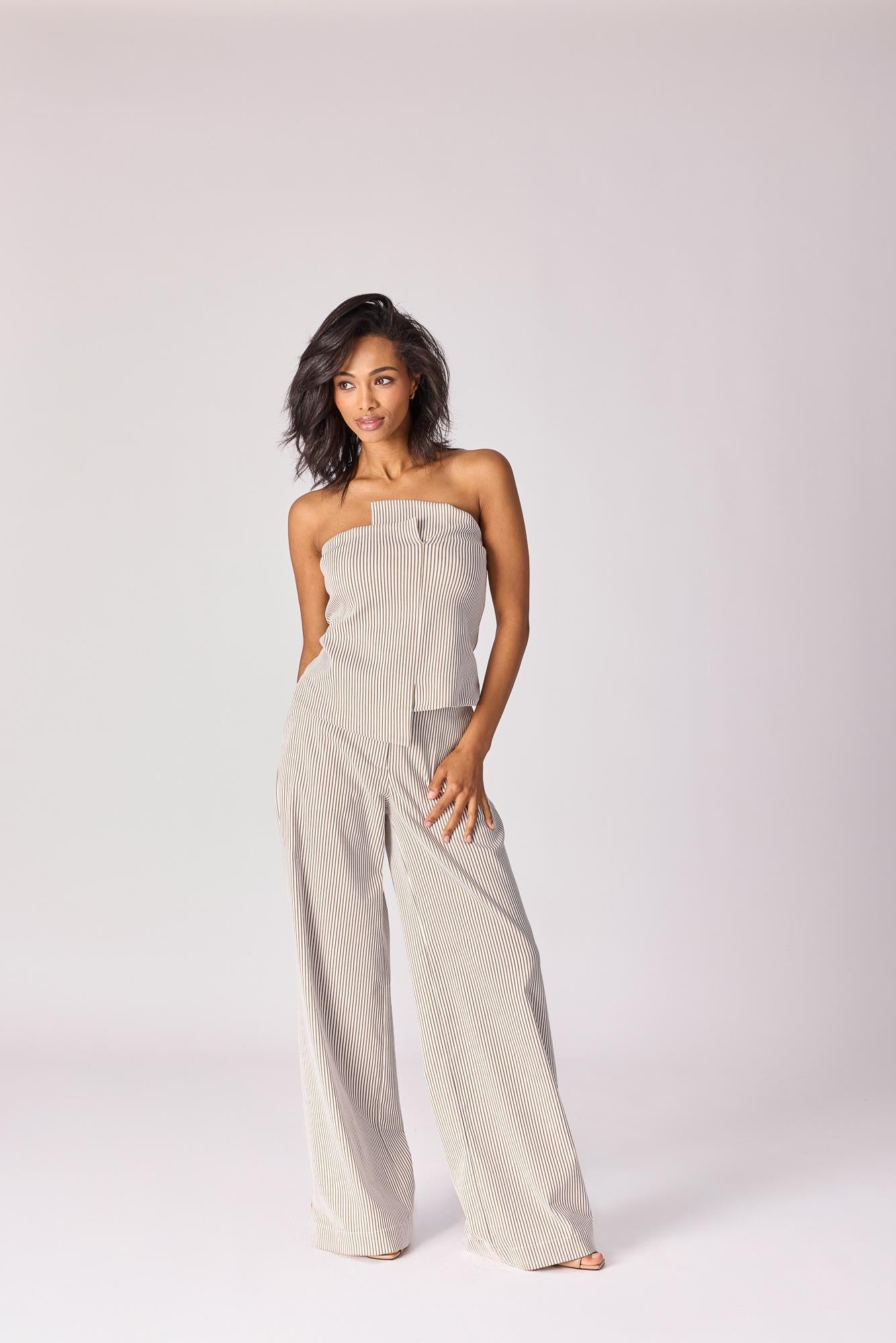 Broek met stretch - Taupe stripe