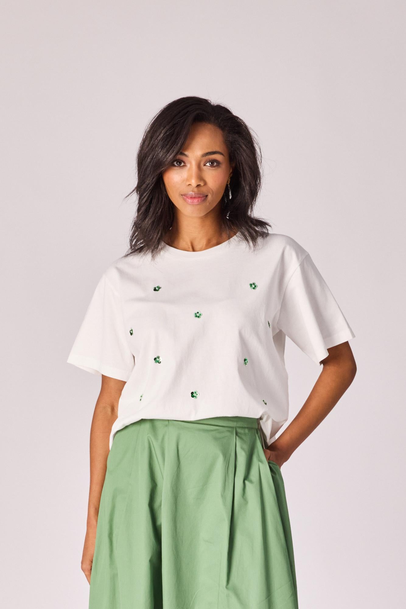 T-shirt met pailletten - Sage green